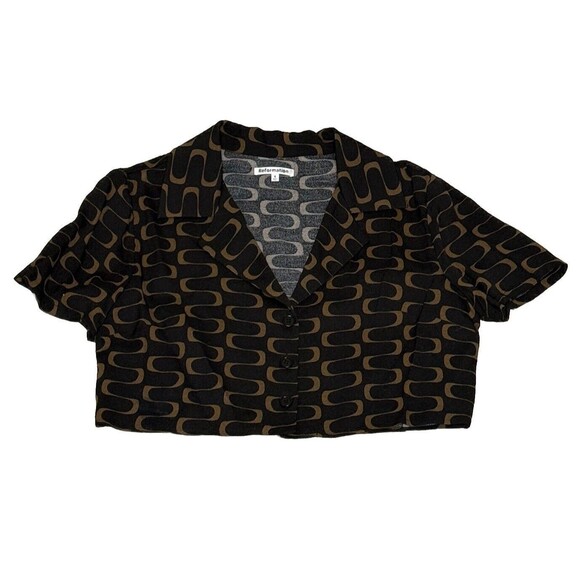 Reformation Noah‎ Size 8 Black and Brown Cropped Short Sleeve Shirt Collared - Picture 1 of 6